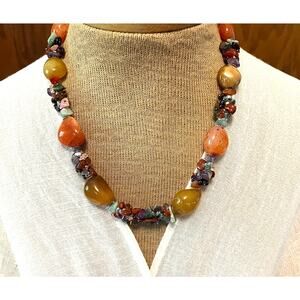 Vtg semi precious stone chunky statement necklace agate amethyst quartz cluster
